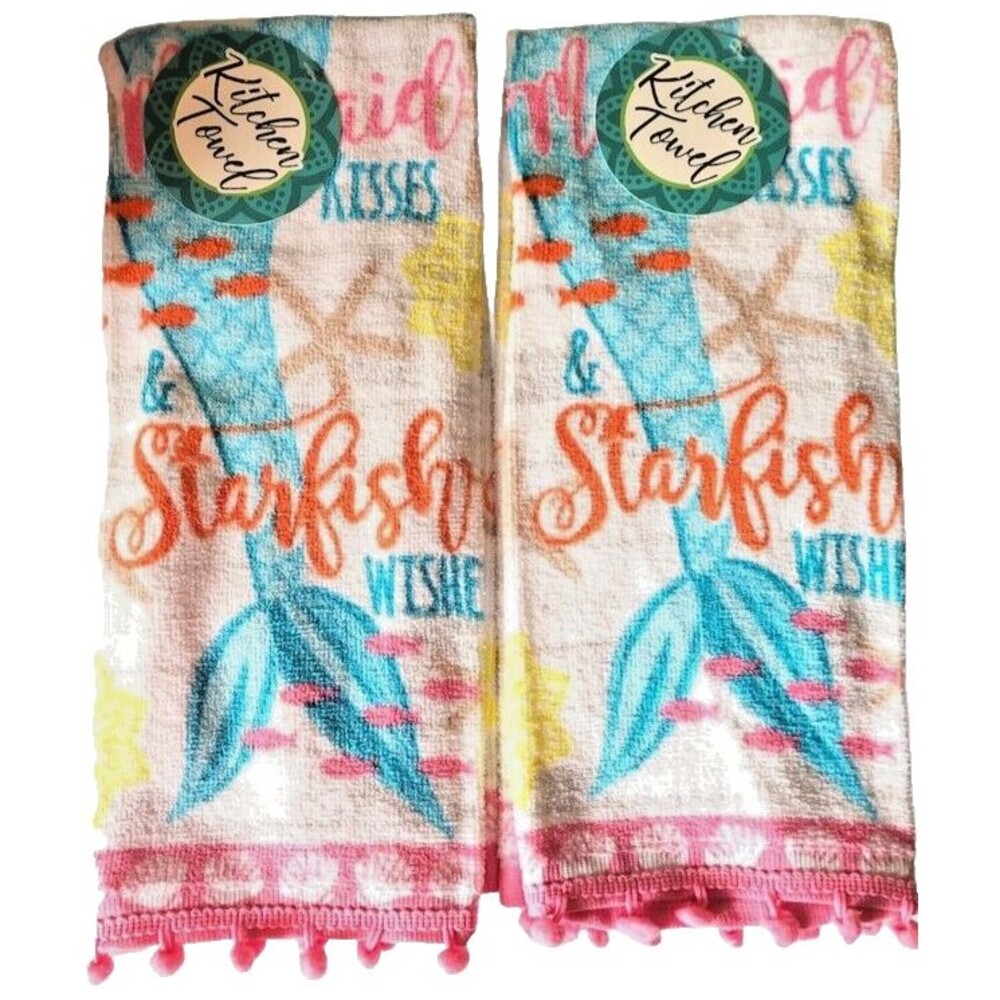 Mermaid Kisses Dish Towels Set of 2 Beach Coastal Summer Kitchen Pom Pom Trim